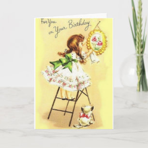 Carte de voeux d'anniversaire Retro Girl And Kitte