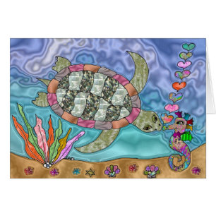 Carte de vœux d'art de tortue de mer hippocampe ps