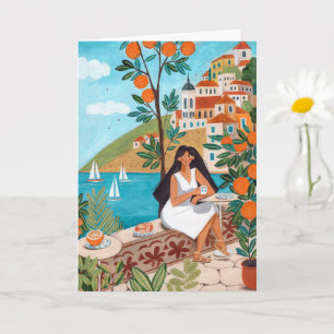 Carte de vœux d'art d'illustration de femme de caf