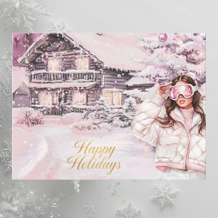 Carte de vœux de chalet de ski rose aquarelle Joye
