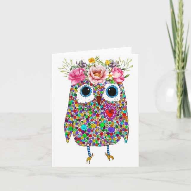 Carte de voeux de Chouette Florale de Couronne ros (Devant)