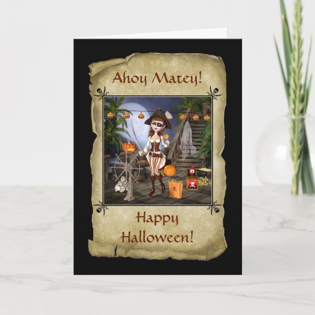 Carte de voeux de fille de pirate de Halloween (Devant)