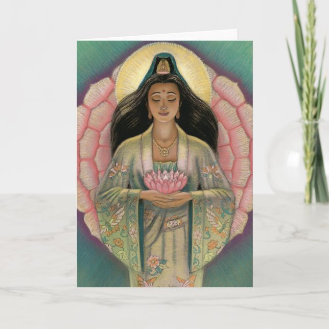 Carte de voeux de Kuan Yin "de coeur rose de (Devant)