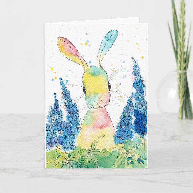 Carte de voeux de lapin de delphinium d'art de (Devant)