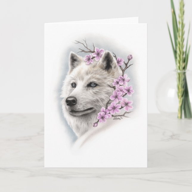 Carte de voeux de loup de fleurs de cerisier (Devant)