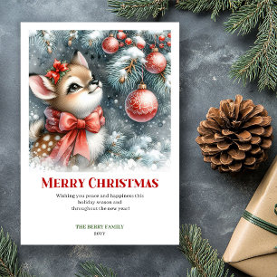 Carte de vœux de Noël à l'aquarelle Faon enneigé s