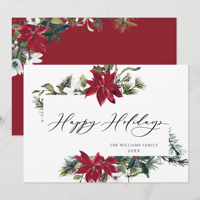 Carte de vœux de Noël au poinsettia élégant et au  (Devant / Derrière)
