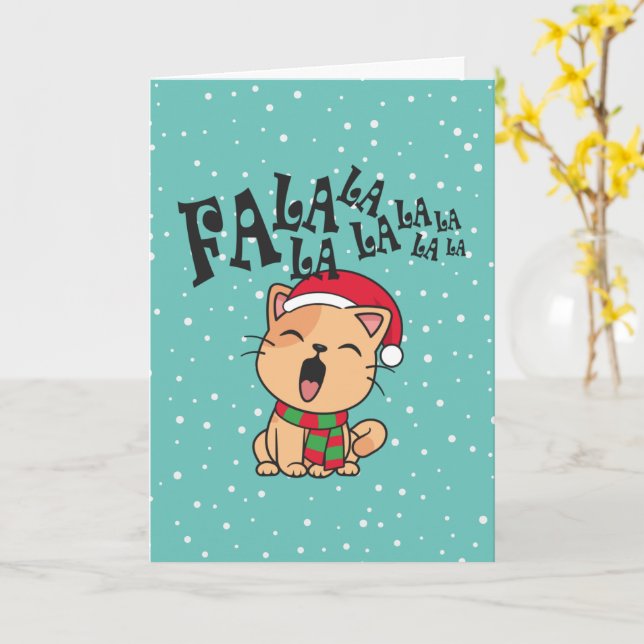Carte de vœux de Noël avec chat qui chante Fa La L (Fleur jaune)