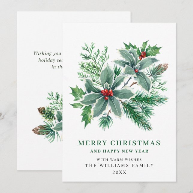 Carte de vœux de Noël branche festive de houx à ba (Devant / Derrière)