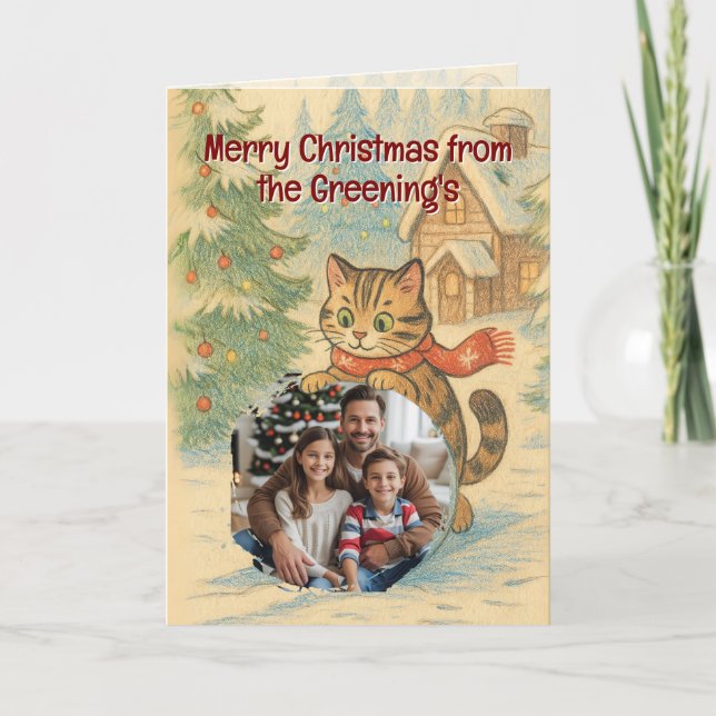 Carte de voeux de Noël famille et chat (Devant)