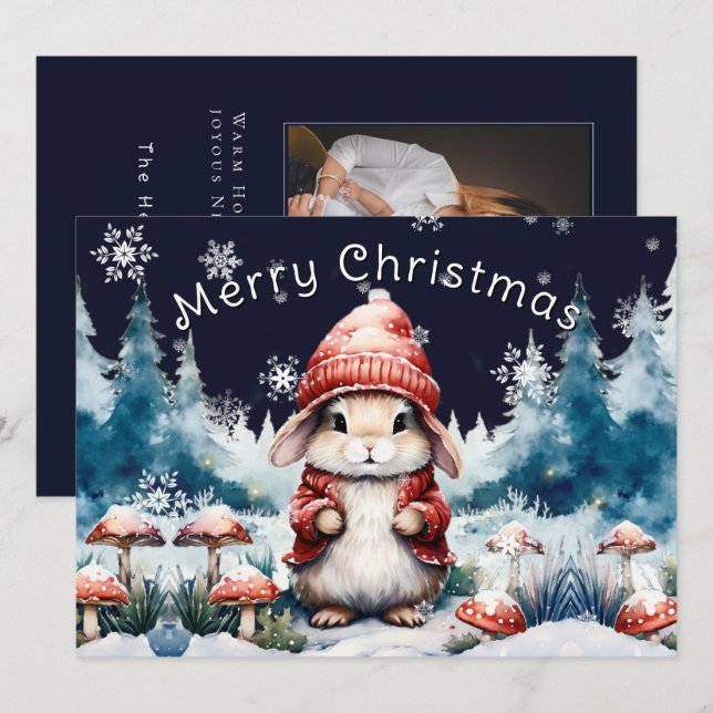 Carte de vœux de Noël fantaisiste avec un lapin po (Devant / Derrière)