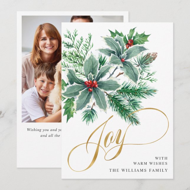 Carte de vœux de Noël JOY Holly Berry Branch PHOTO (Devant / Derrière)