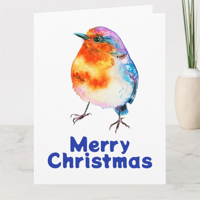 Carte de voeux de Noël joyeux Robin d'aquarelle (Devant)