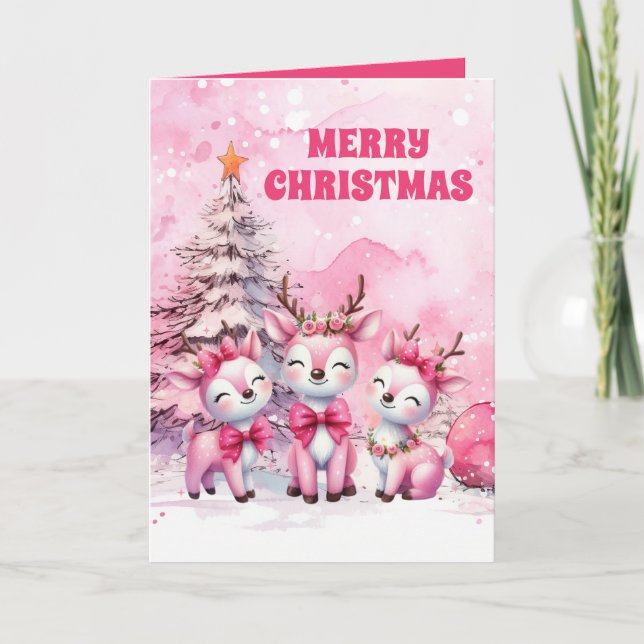 Carte de voeux de Noël Pink Reindeer Joyeux (Devant)