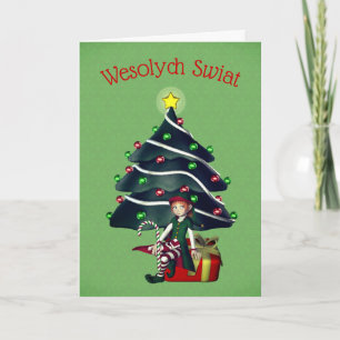 Carte de voeux de Noël polonaise Girl Elf Tree