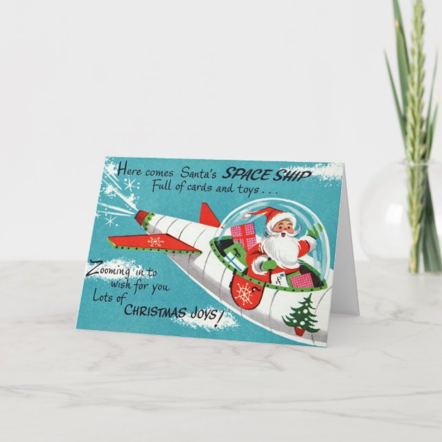 Carte de voeux de Noël Retro Spacship Père Noël (Devant)