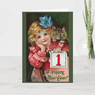 Carte de voeux de Nouvel An pour enfant et chaton 