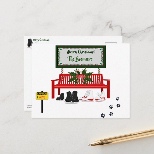 Carte de vœux de patinage à glace de Noël joyeux (Devant/Arrière en situation)