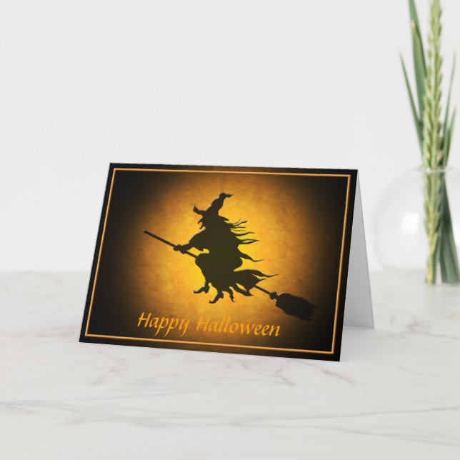 Carte de voeux de sorcière de vol de Halloween (Devant)