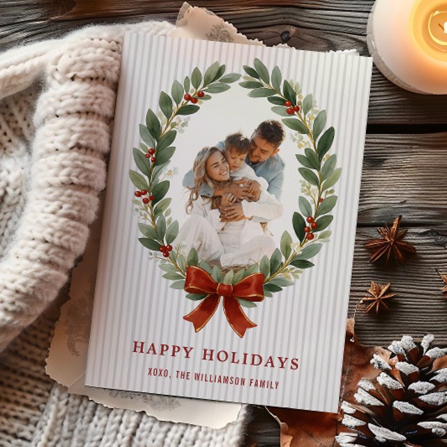 Carte de vœux de vacances avec cadre ovale orné d' (Bow and Greenery Oval Frame Holiday Photo Card
)