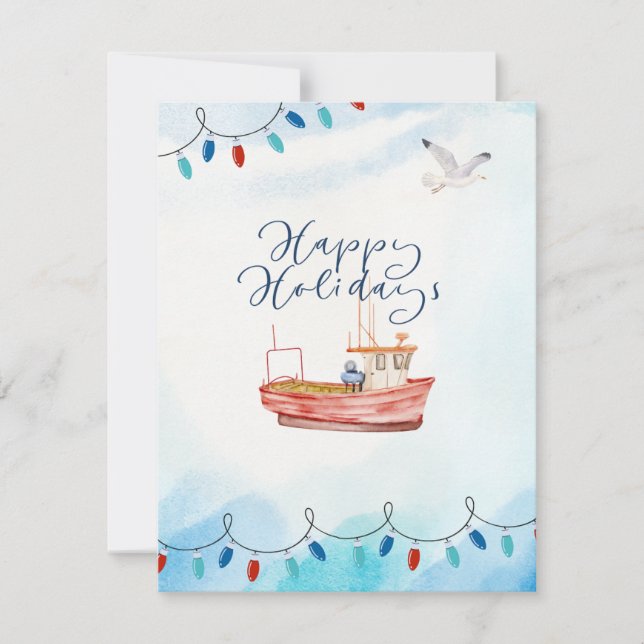 Carte de vœux de vacances bateau Joyeuses Fêtes (Devant)