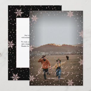 Carte de vœux de vacances en or rose flocons de ne