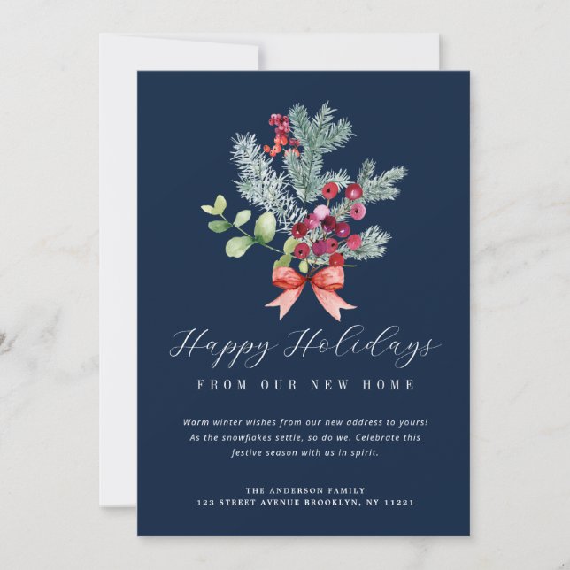 carte de voeux déménagement bleu marine feuillage  (Devant)