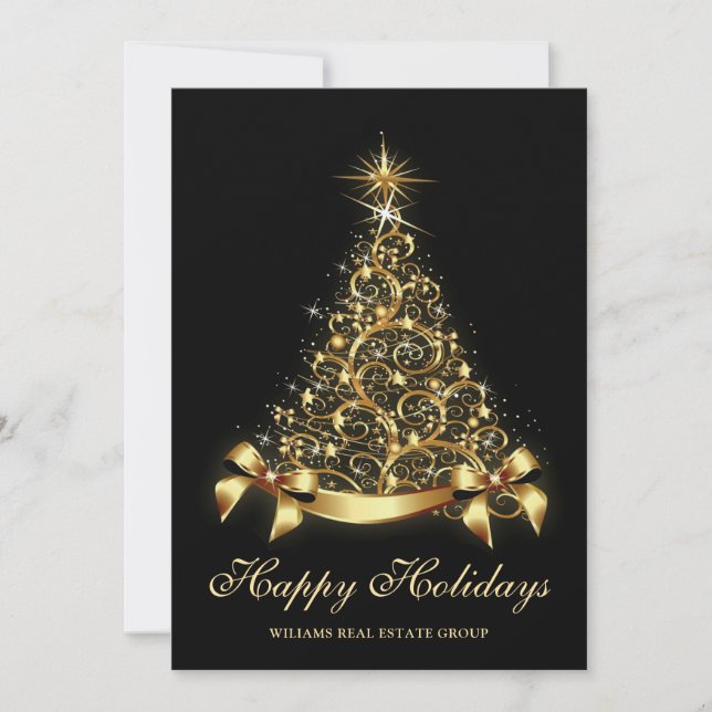 Carte de vœux d'entreprise Arbre de Noël noir doré (Devant)