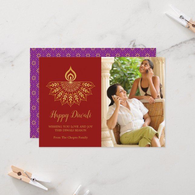 Carte de voeux Diwali Diya - Couleur personnalisée (Devant/Arrière en situation)