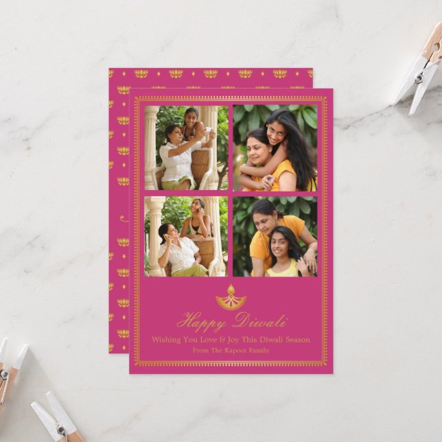 Carte de voeux Diya Diwali - Couleur personnalisée (Devant/Arrière en situation)