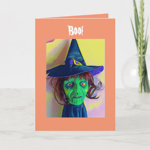 Carte de voeux éffrayante Halloween Green Witch Fa