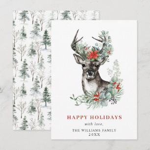 Carte de vœux élégante de Noël cerf poinsettia
