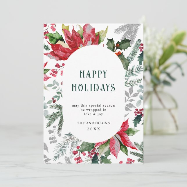 Carte de vœux élégante Poinsettia Noël Mistletoe (Debout devant)