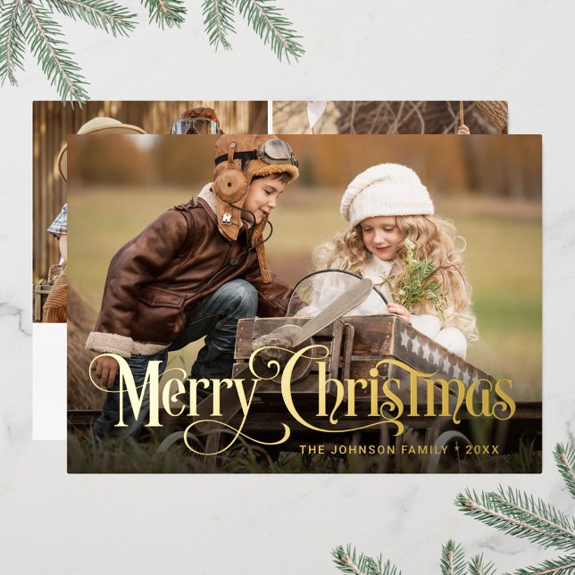 Carte De Vœux En Aluminium 3 PHOTO Simply Elegant Sparkle Christmas Gold (Créateur téléchargé)