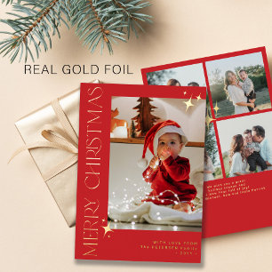Carte De Vœux En Aluminium 5 photos de famille Joyeux Noël or rouge
