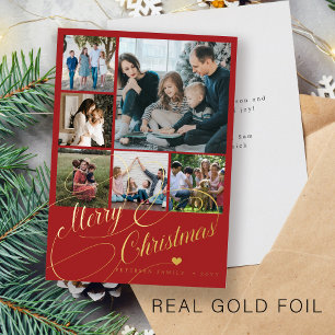 Carte De Vœux En Aluminium 6 photo collage Joyeux Noël or script famille