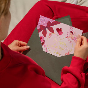Carte De Vœux En Aluminium Amour de Cupidon romantique avec cœur en feuille e