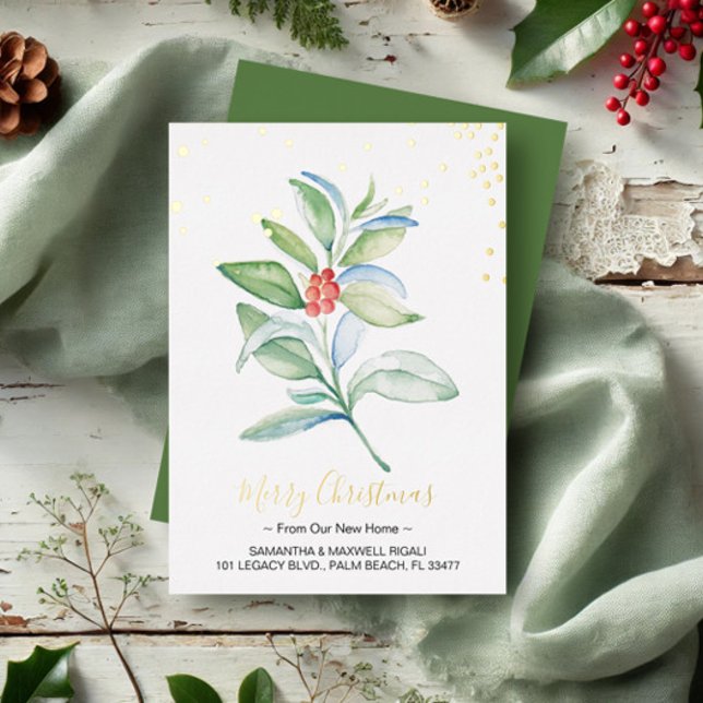 Carte De Vœux En Aluminium Aquarelle Baies rouges et Noël du feuillage (Christmas cards watercolor botanical art by Victoria Grigaliunas VG Invites)