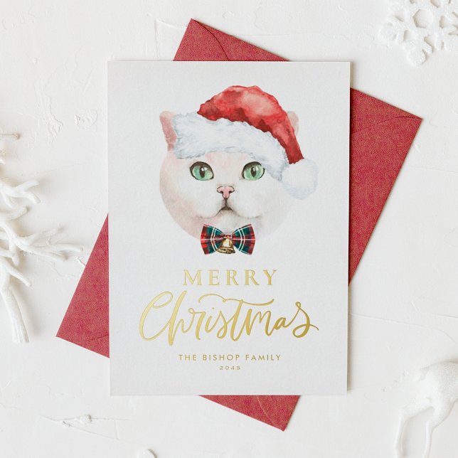 Carte De Vœux En Aluminium Aquarelle Blanc British Shorthair Chat Noël (Créateur téléchargé)