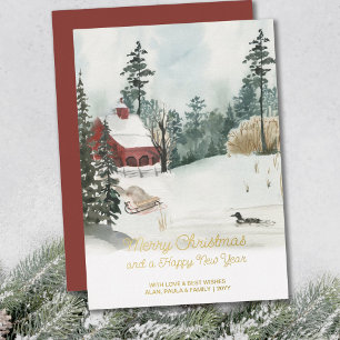 Carte De Vœux En Aluminium Aquarelle de Noël blanc Paysage d'hiver Or