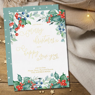 Carte De Vœux En Aluminium Aquarelle Hiver Berries Holly Calligraphie Or