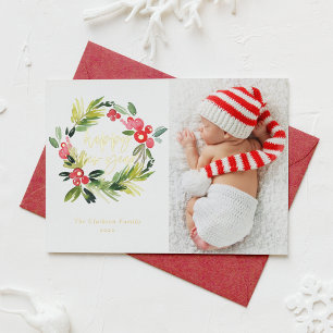 Carte De Vœux En Aluminium Aquarelle Holly Wreath Happy New Year Photo