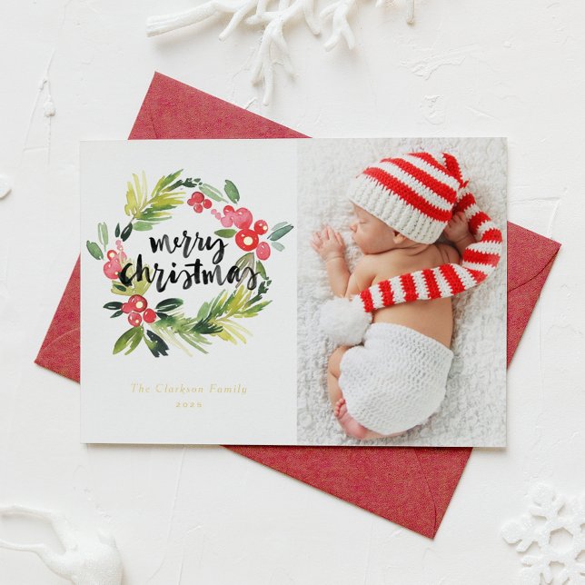 Carte De Vœux En Aluminium Aquarelle Holly Wreath Joyeux Noël Photo (Créateur téléchargé)