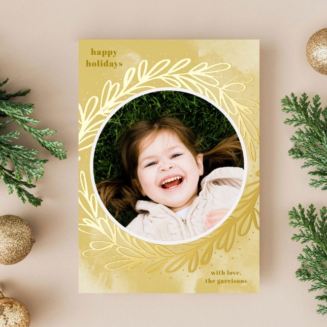 Carte De Vœux En Aluminium Aquarelle jaune Botanique Cadre photo Or (Gold foil hand-drawn botanical wreath on a  yellow watercolor photo holiday card)