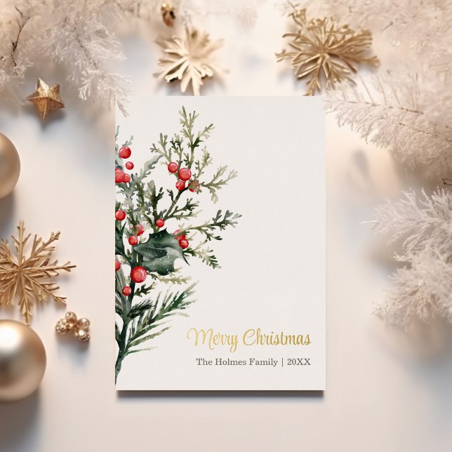 Carte De Vœux En Aluminium Aquarelle moderne Mistletoe Or de Noël (Modern Watercolor Mistletoe Christmas Gold Foil Holiday Card on a table with Chirstmas decoration.)