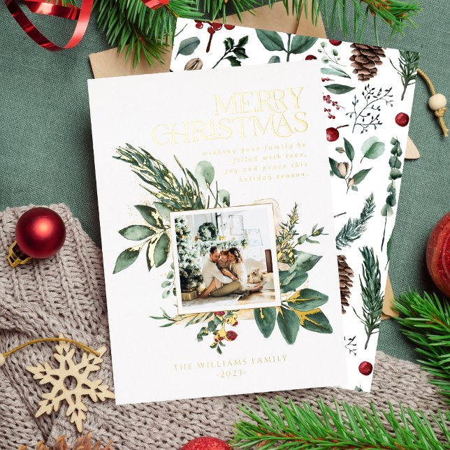 Carte De Vœux En Aluminium Aquarelle moderne Noël Botanique Une photo (Créateur téléchargé)