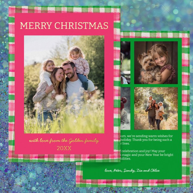 Carte De Vœux En Aluminium Aquarelle Plantée artisanale Noël personnalisé 5 p (Watercolor Plaid Handmade Christmas Custom 5 Photo Foil Pink Green Holiday Card
)