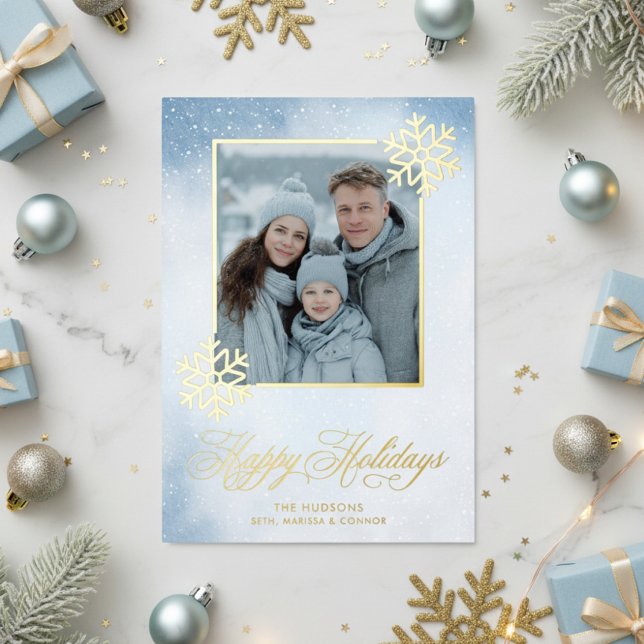 Carte De Vœux En Aluminium Aquarelle Snowflake Bleu Photo Joyeuses Fêtes (Créateur téléchargé)