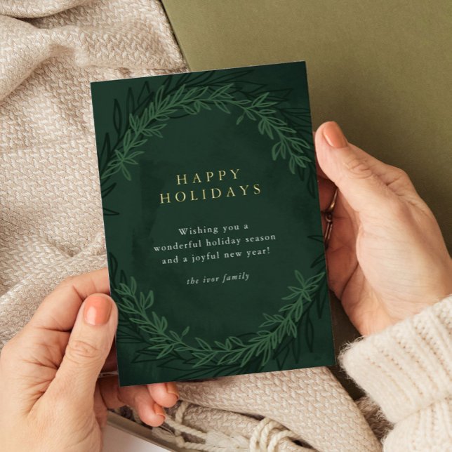 Carte De Vœux En Aluminium Aquarelle vert émeraude Botanique Photo Or (Emerald green and gold foil photo holiday card.)