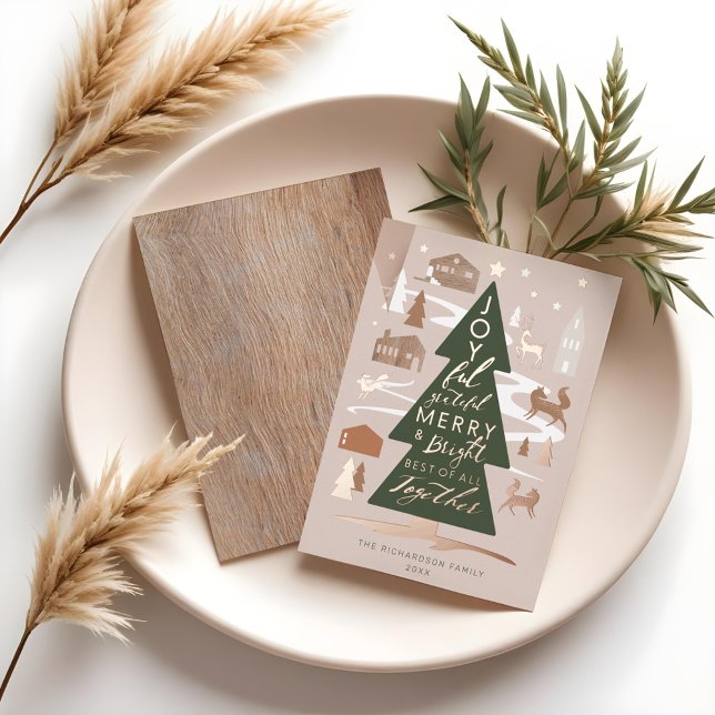 Carte De Vœux En Aluminium Arbre de Noël Bois Animaux & Cosy Village (Christmas Tree Woodland Animals & Cozy Village Foil Holiday Card)